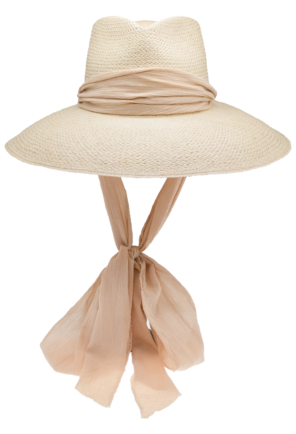 Beige straw hat with a ribbon on a white background