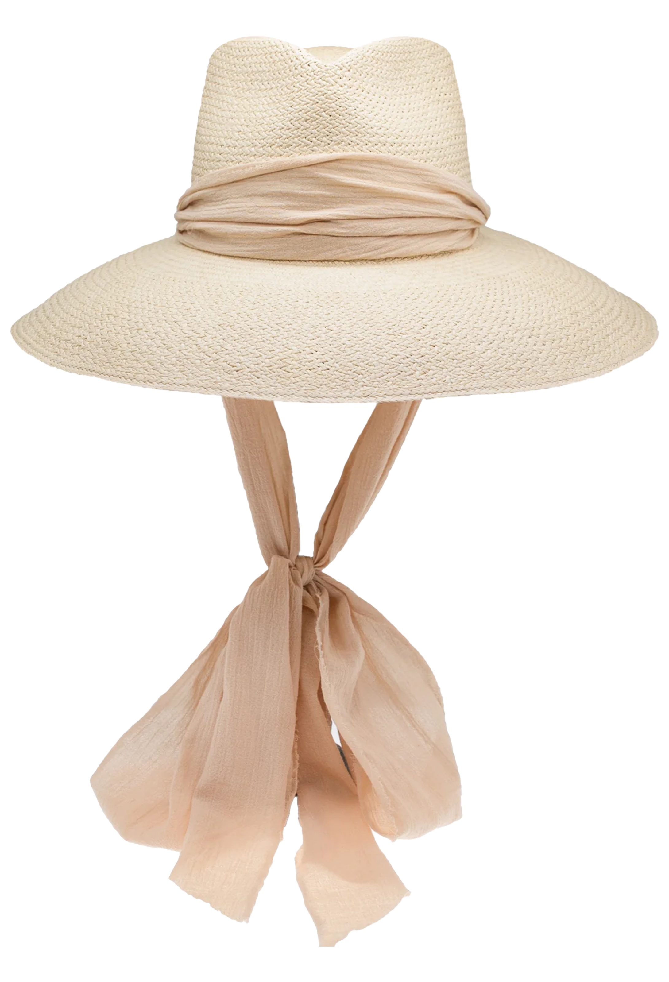 Beige straw hat with a ribbon on a white background