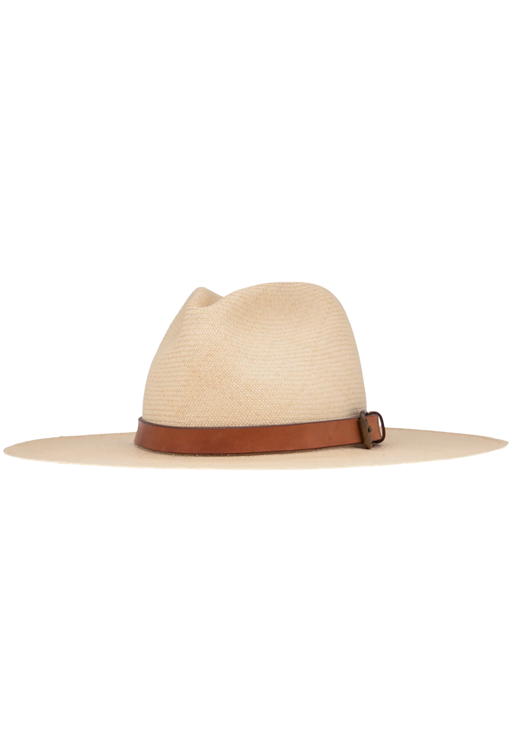 Beige straw hat with a brown band on a white background