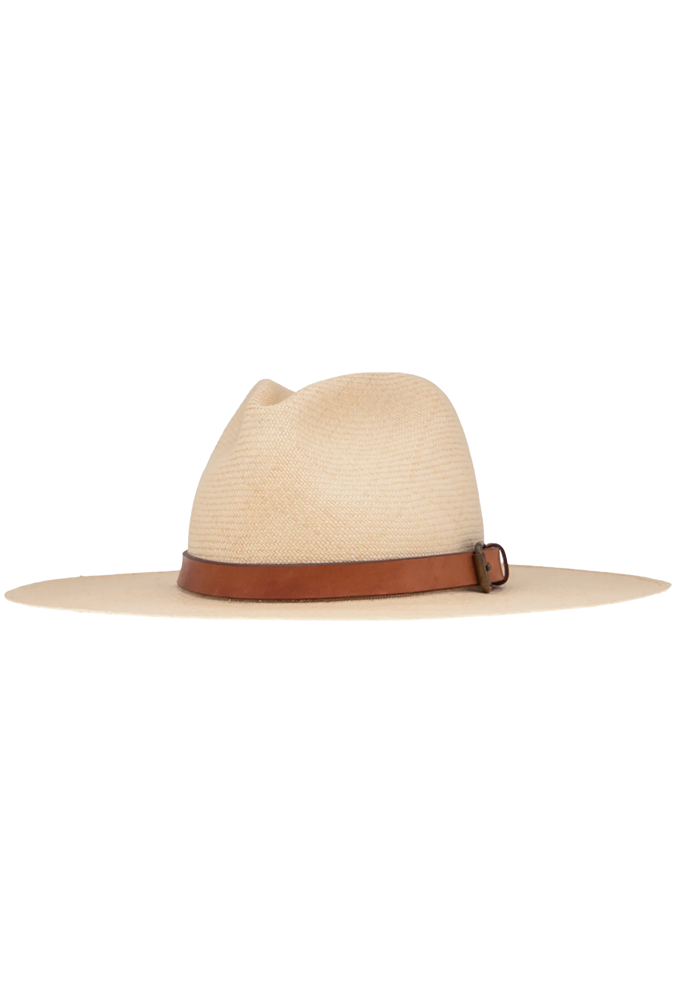Beige straw hat with a brown band on a white background