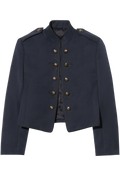 Navy blue jacket with gold buttons on a white background