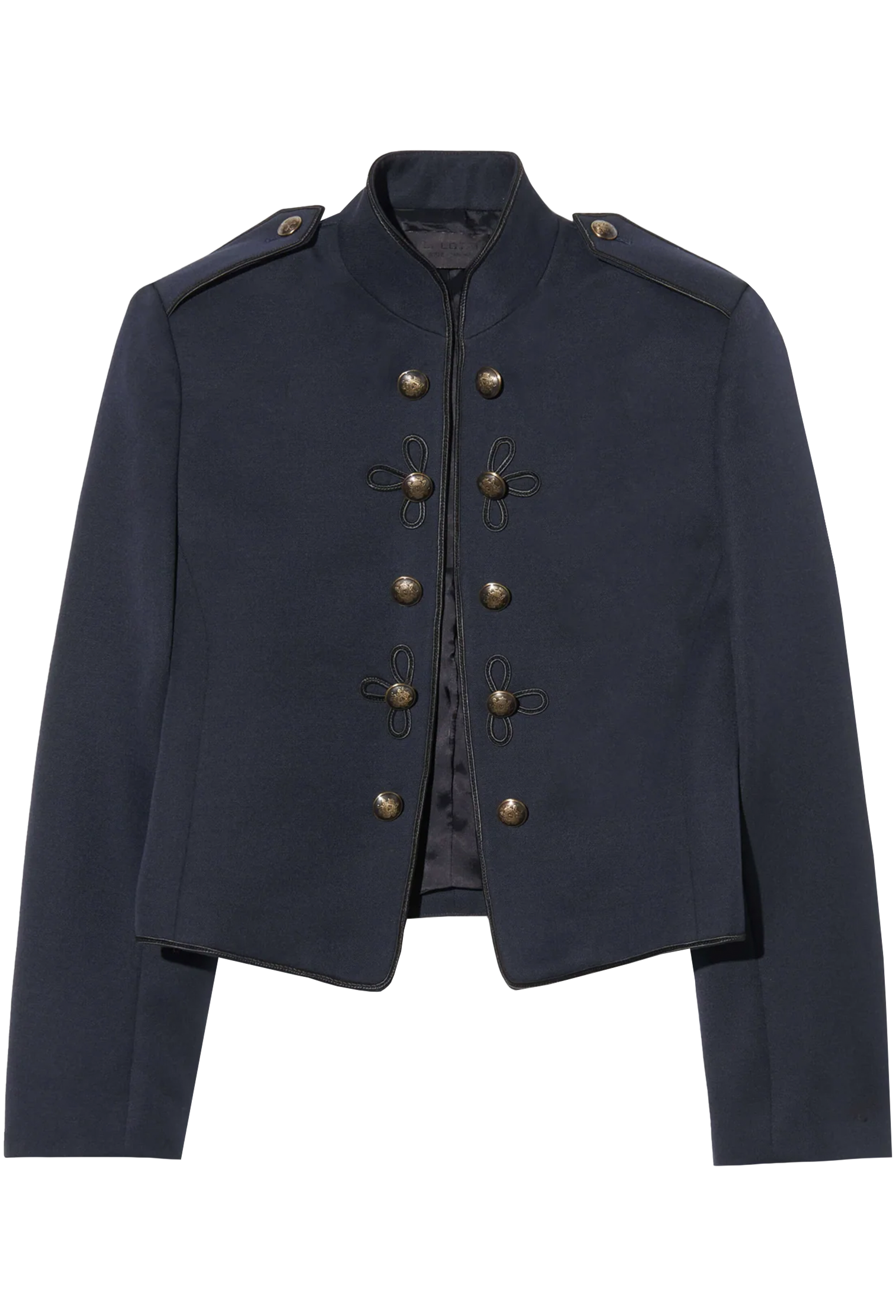 Navy blue jacket with gold buttons on a white background