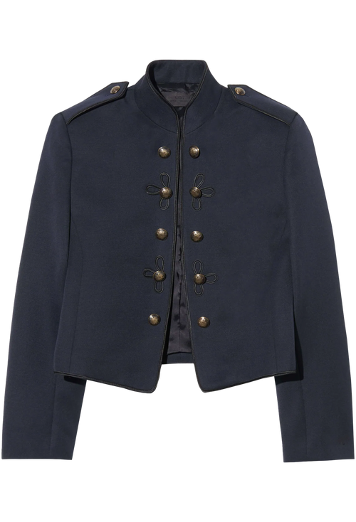 Navy blue jacket with gold buttons on a white background