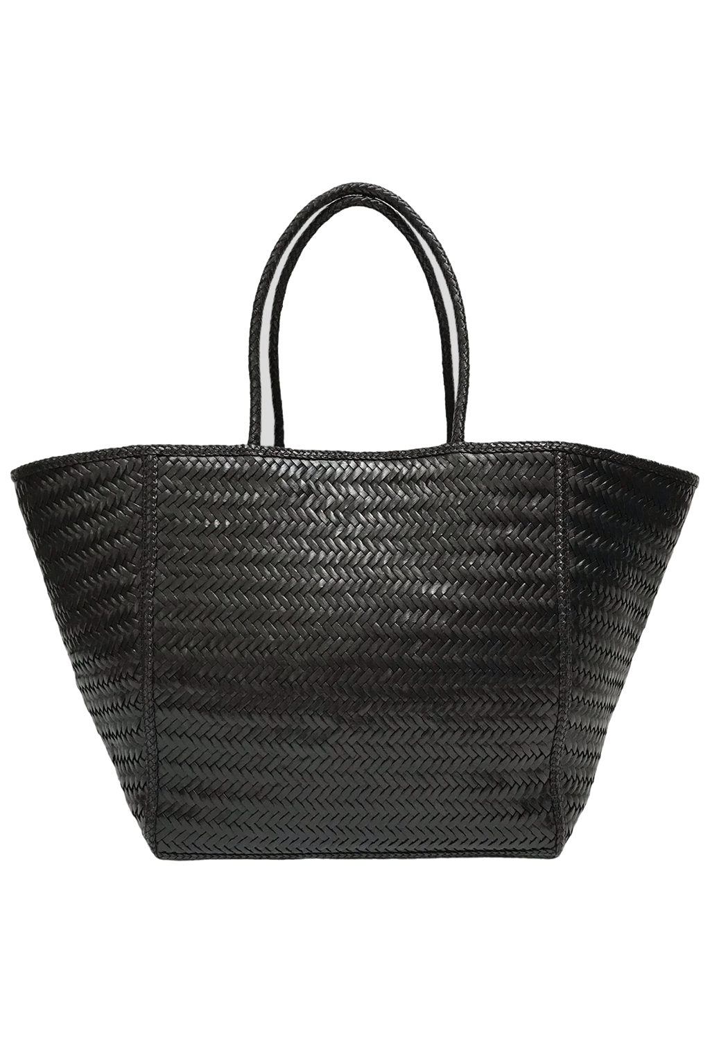 a large black leather bag against a white background