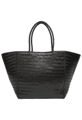 a large black leather bag against a white background