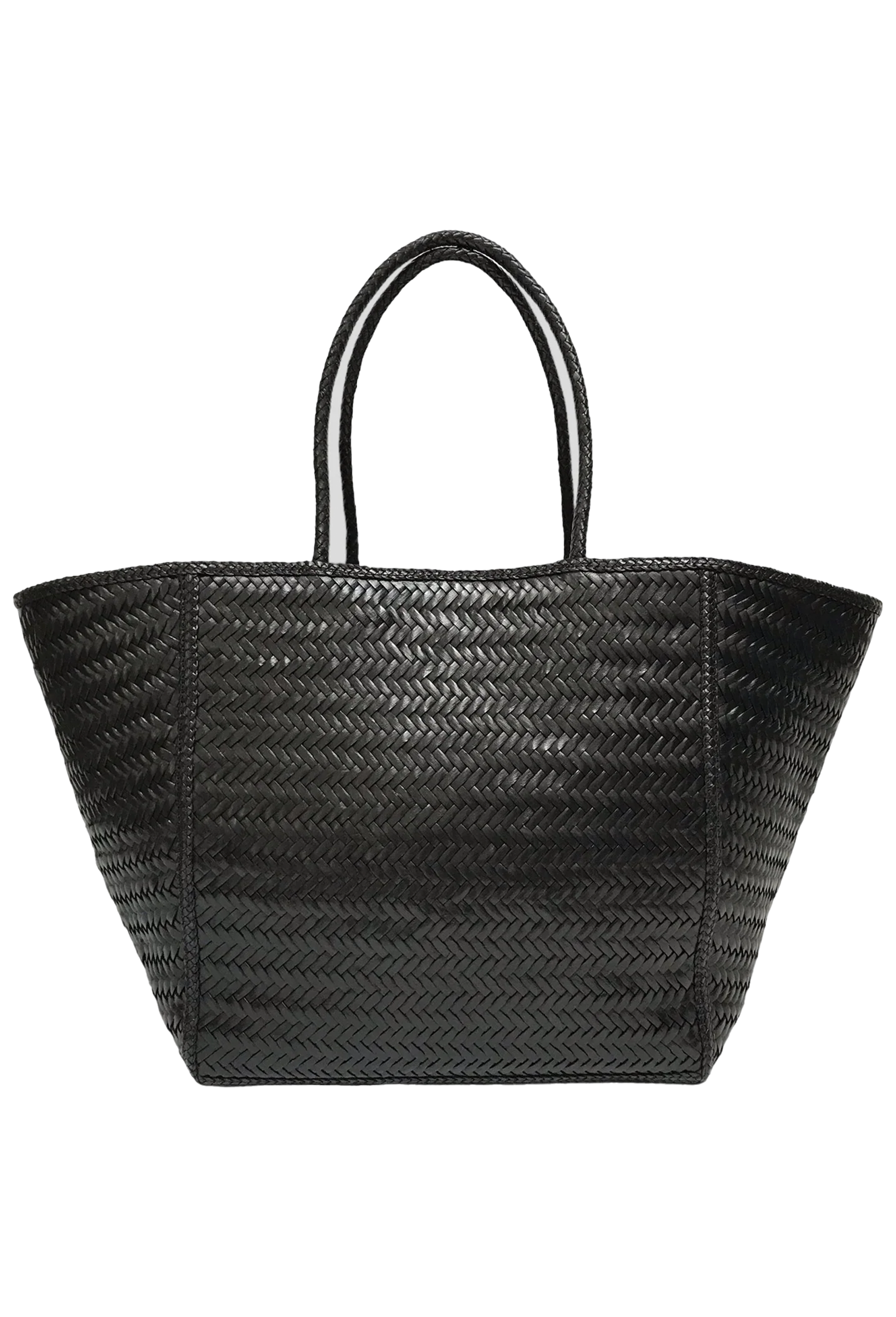 a large black leather bag against a white background
