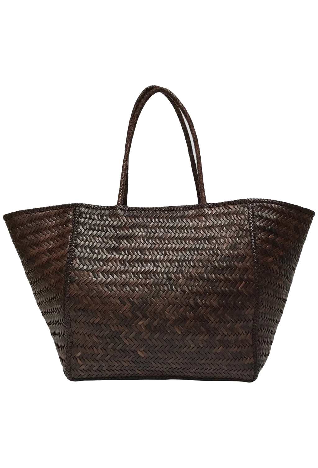 a large brown leather bag against a white background