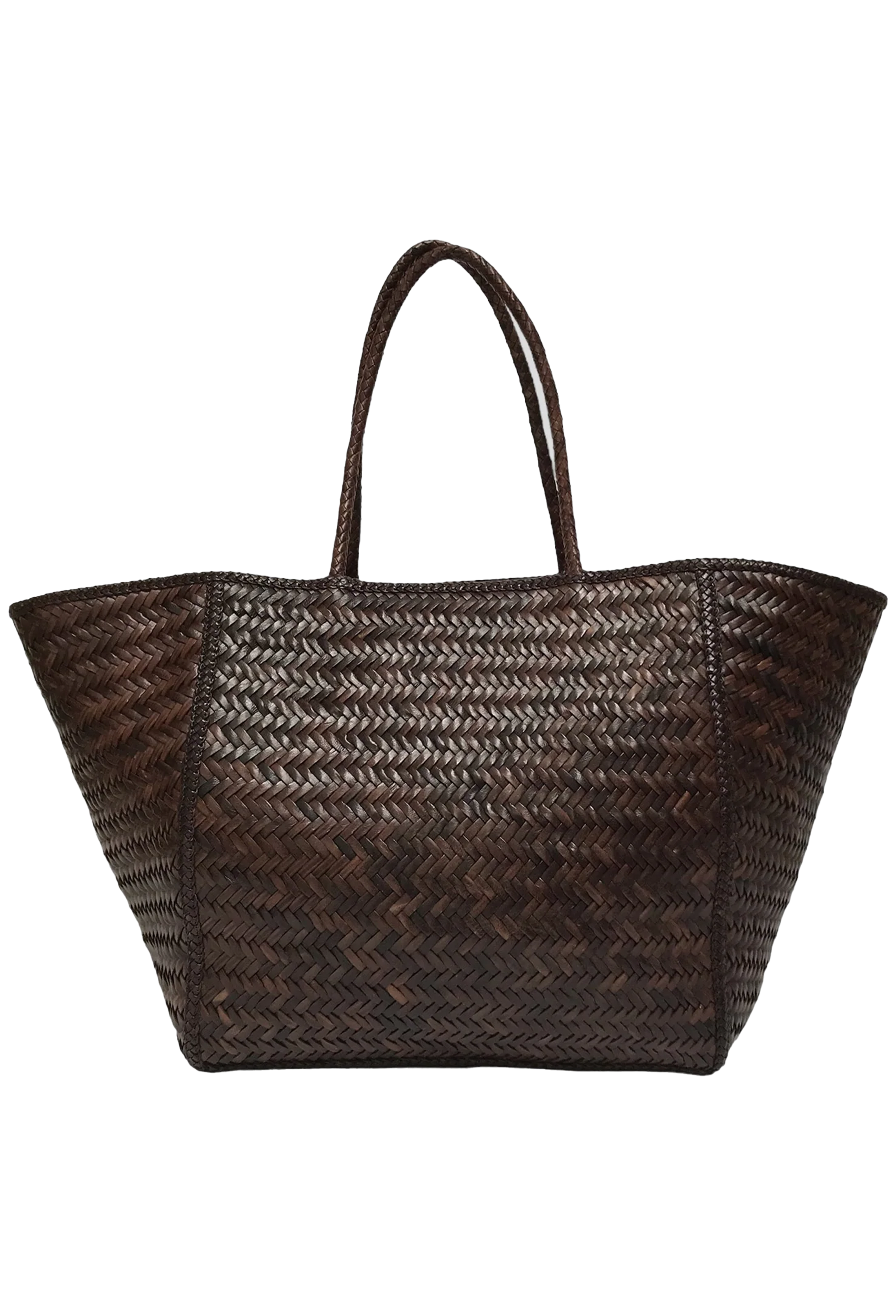 a large brown leather bag against a white background