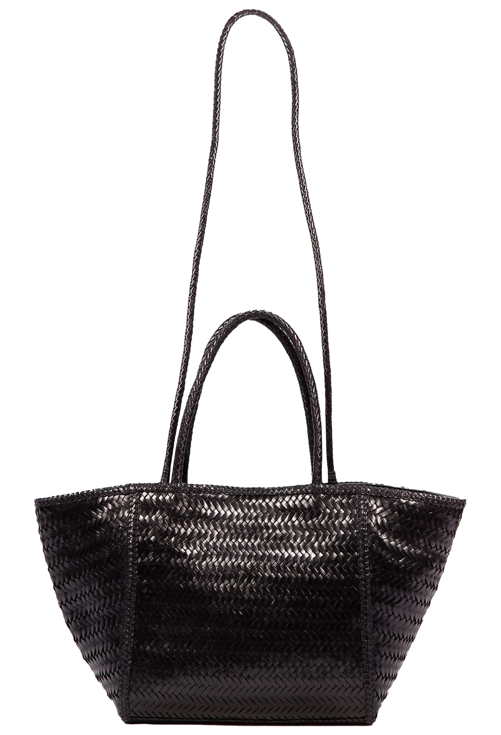 black leather woven bag on a white background