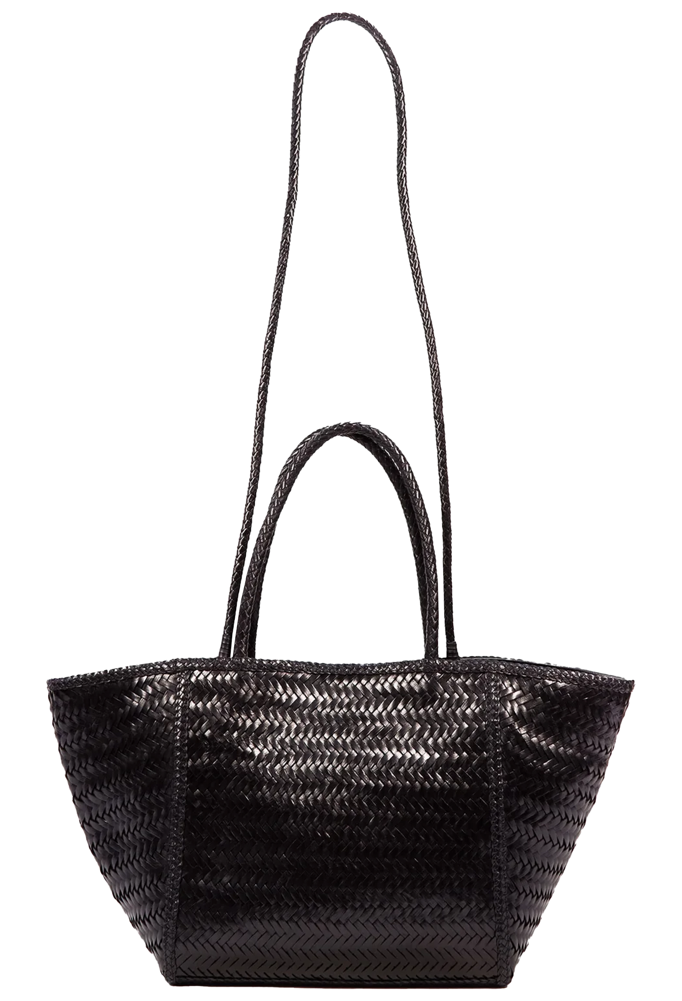 black leather woven bag on a white background
