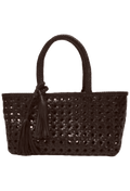 brown woven handbag on a white background