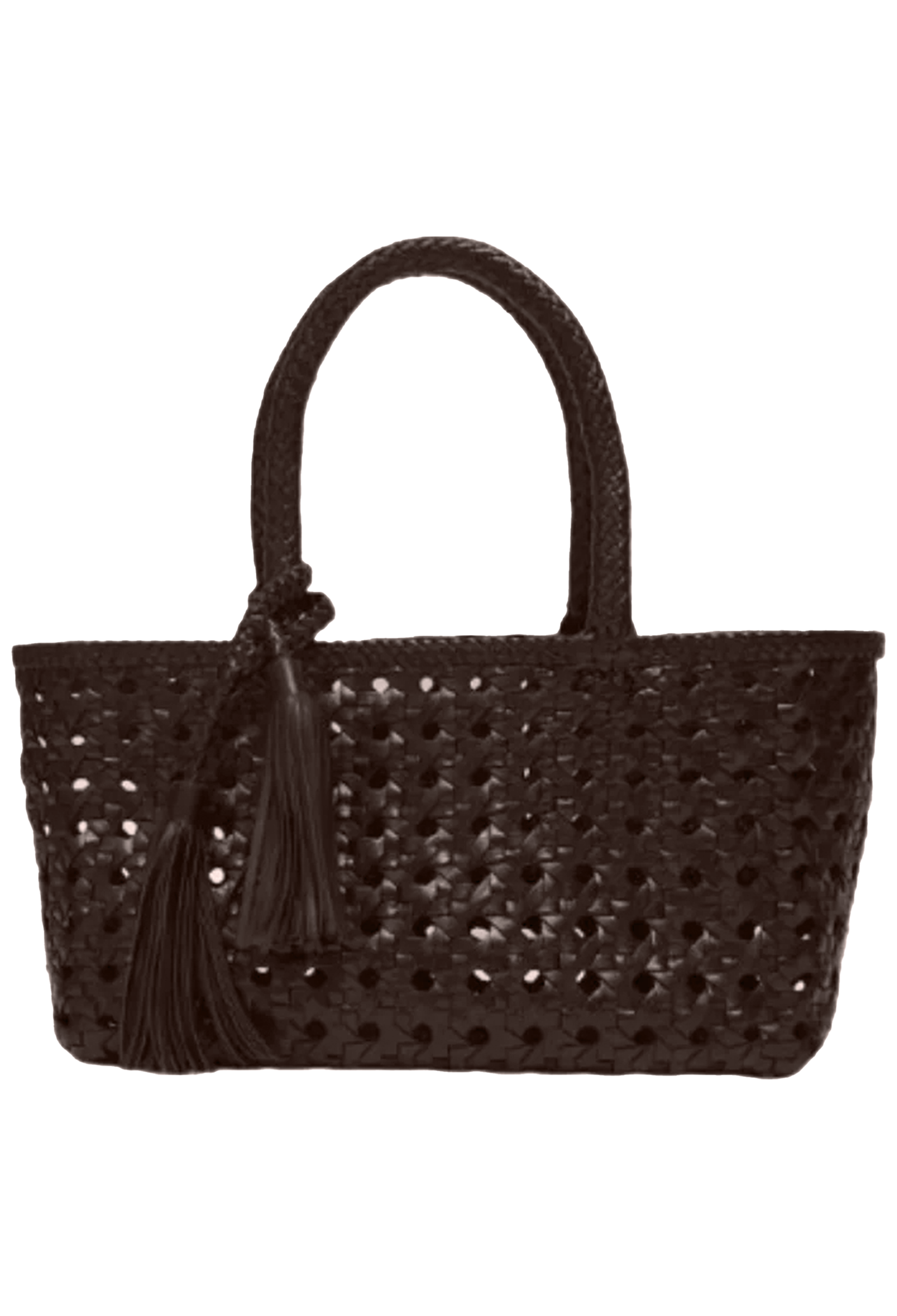 brown woven handbag on a white background