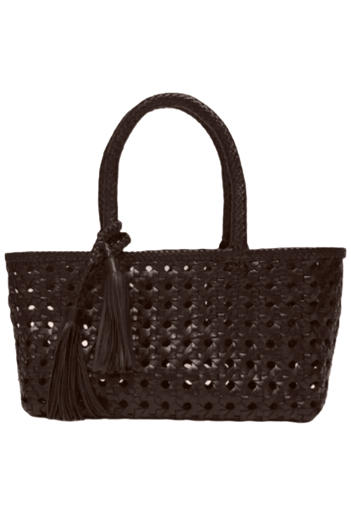 brown woven handbag on a white background