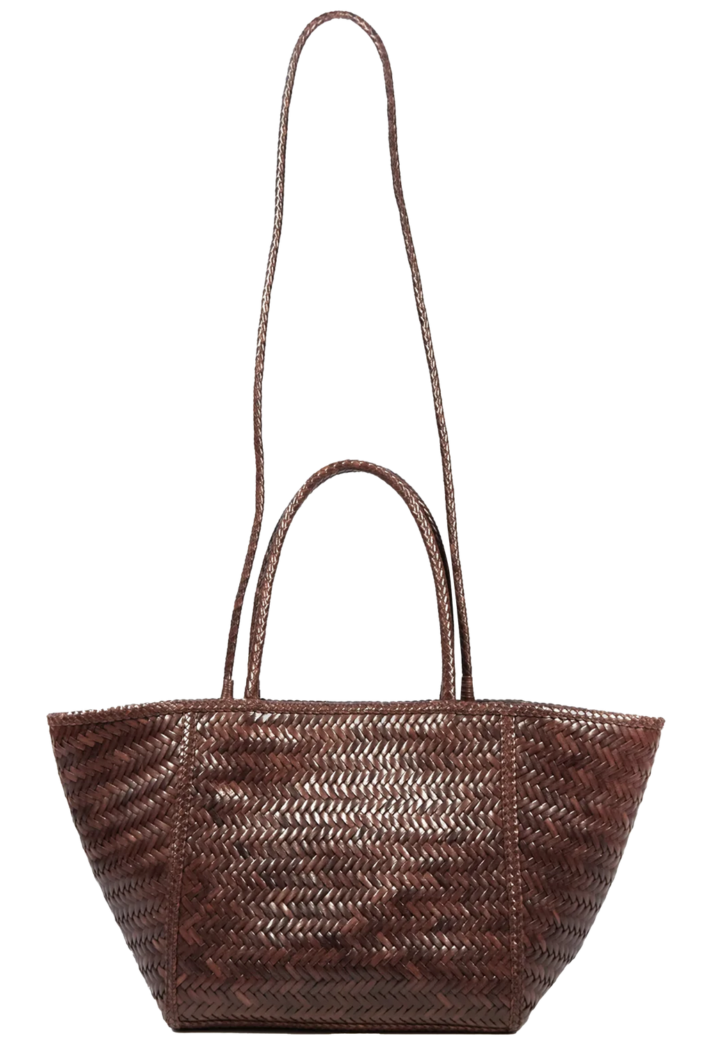 brown leather woven bag on a white background