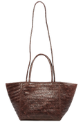 brown leather woven bag on a white background