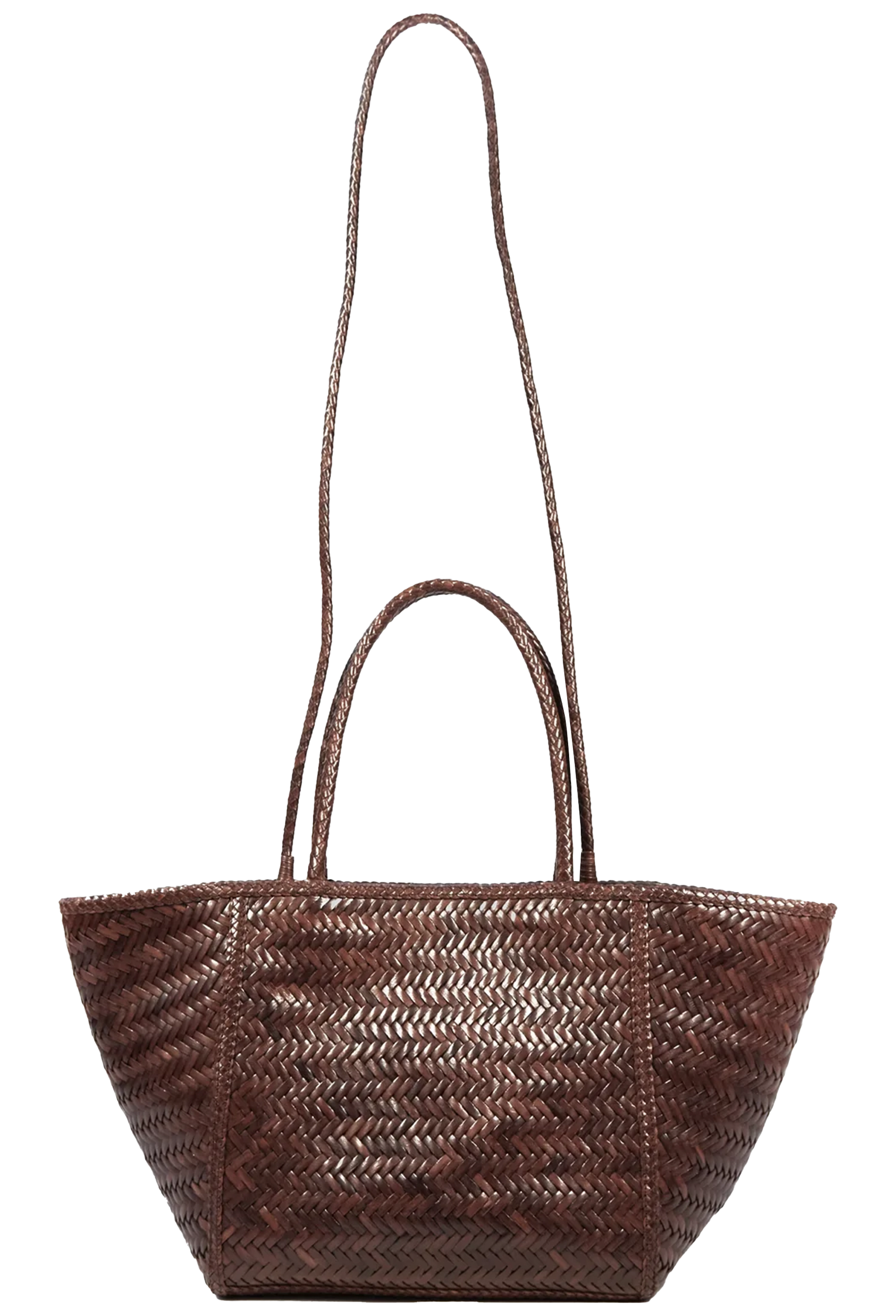 brown leather woven bag on a white background