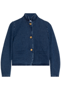 Blue denim jacket with button details on a white background