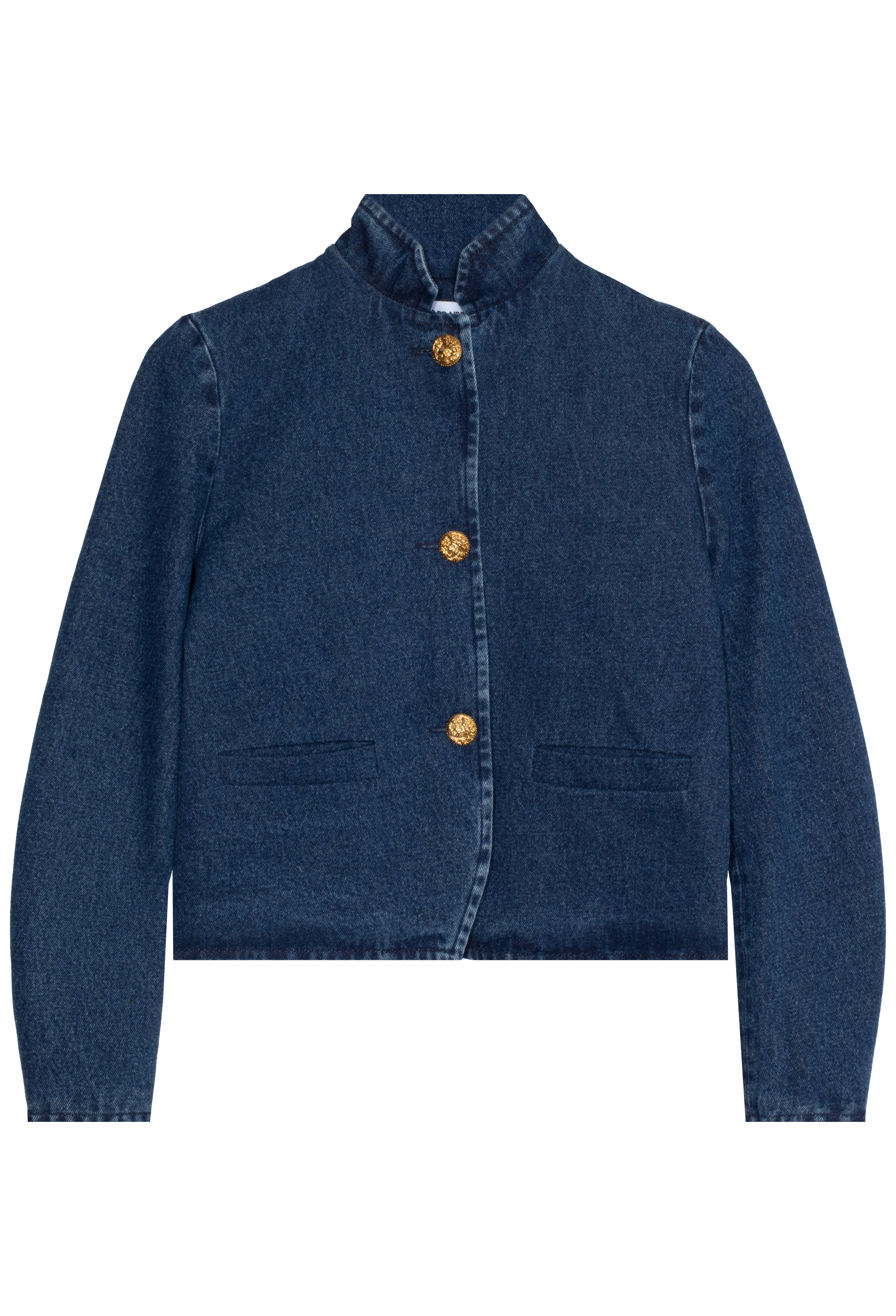 Blue denim jacket with button details on a white background