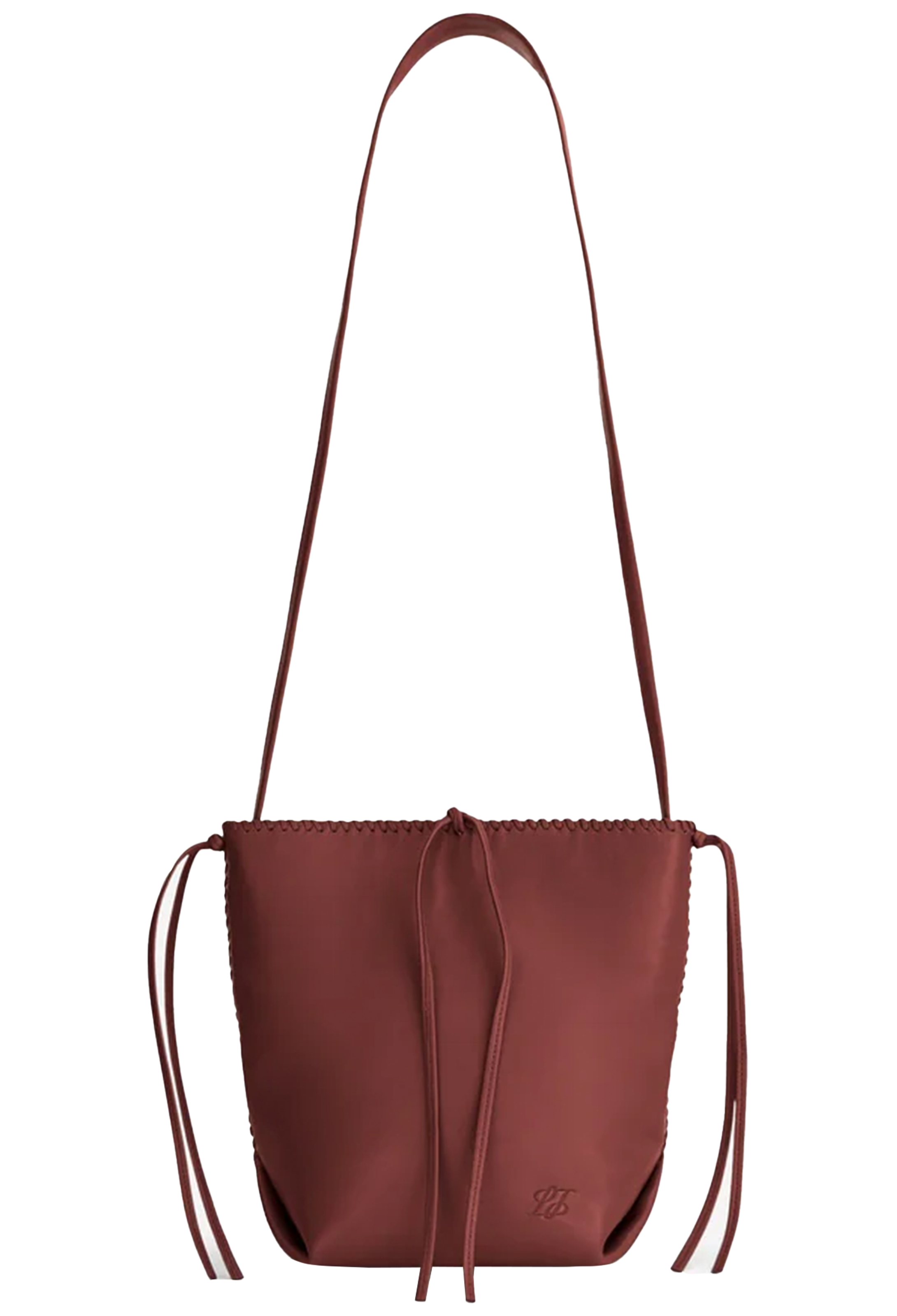 red leather handbag with a long strap on a white background