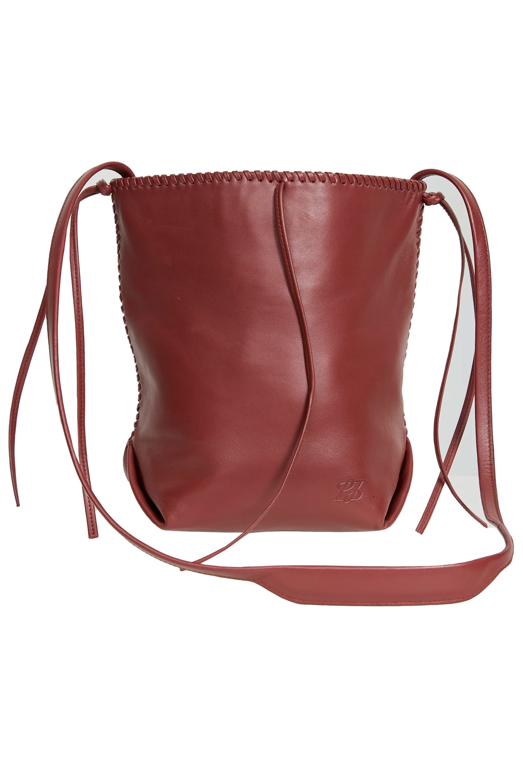 Red leather bucket bag with drawstring on a white background