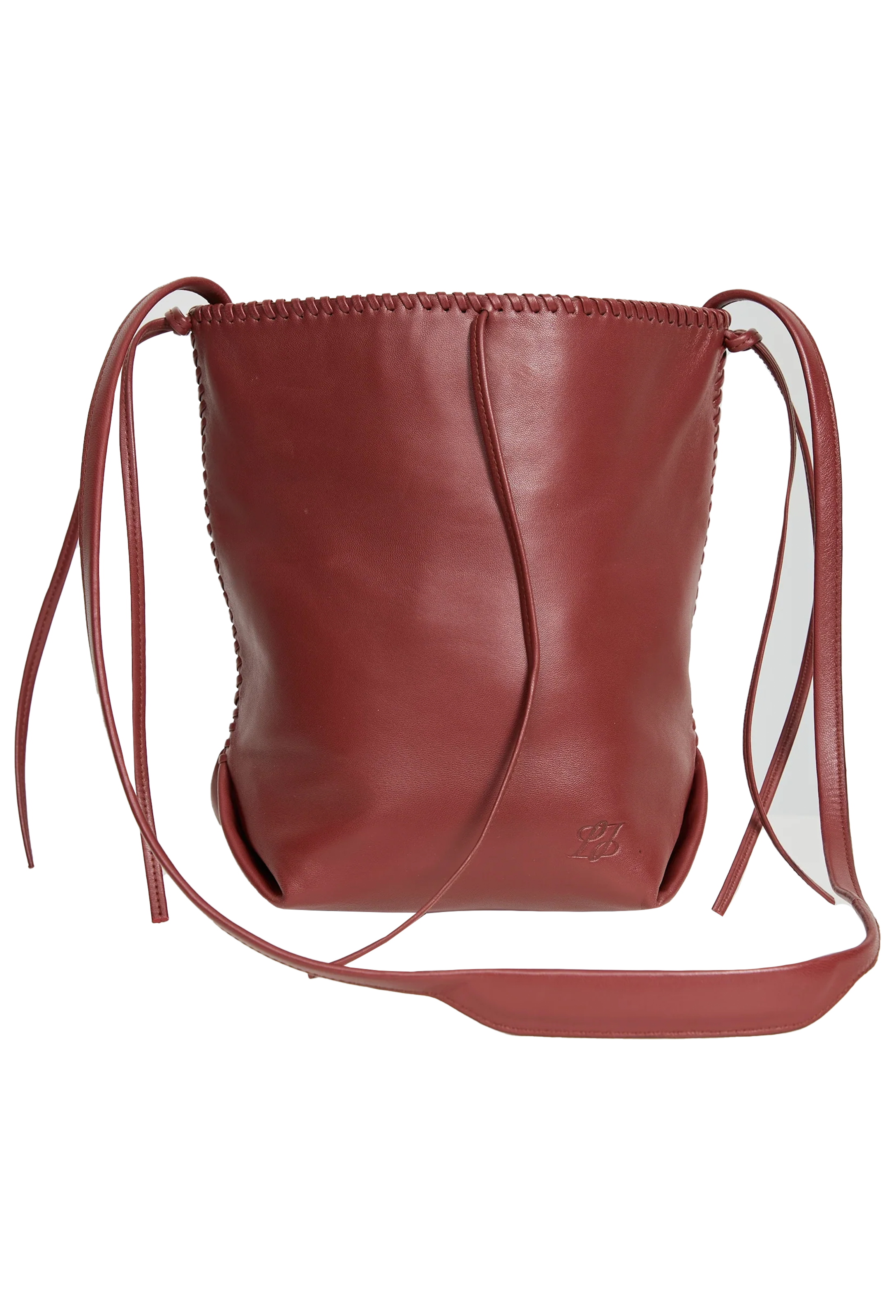 Red leather bucket bag with drawstring on a white background
