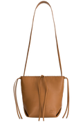 Brown leather handbag with drawstring on a white background