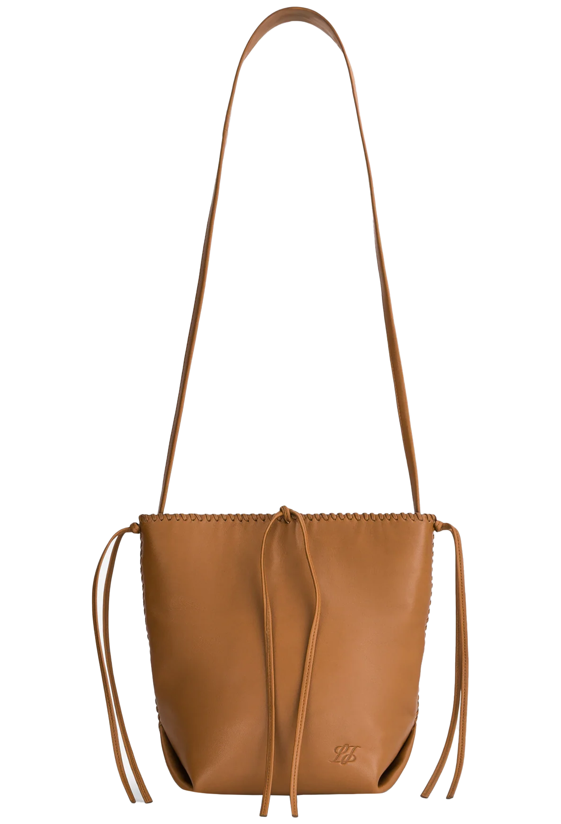 Brown leather handbag with drawstring on a white background