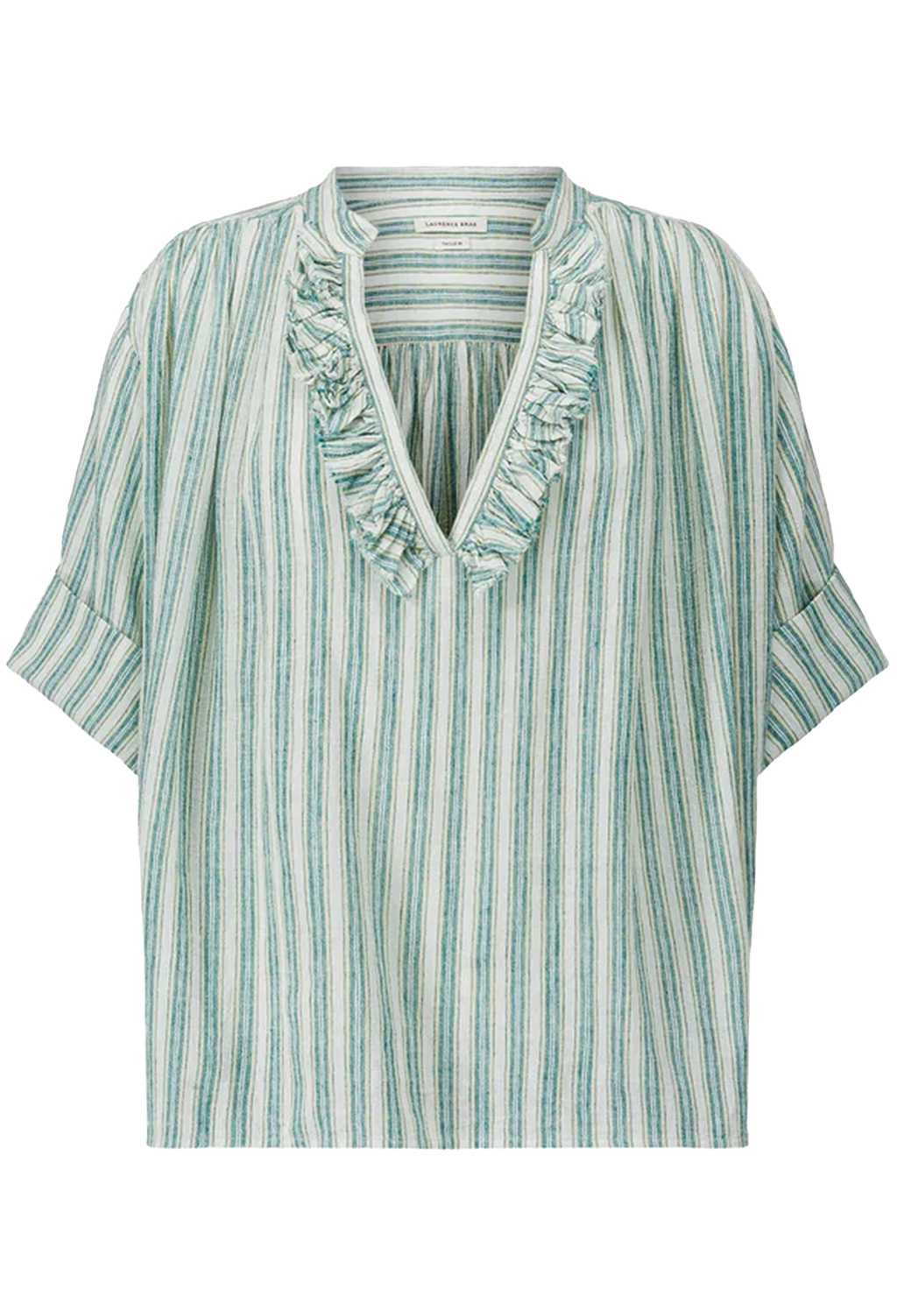 Striped blouse with ruffle details on a white background