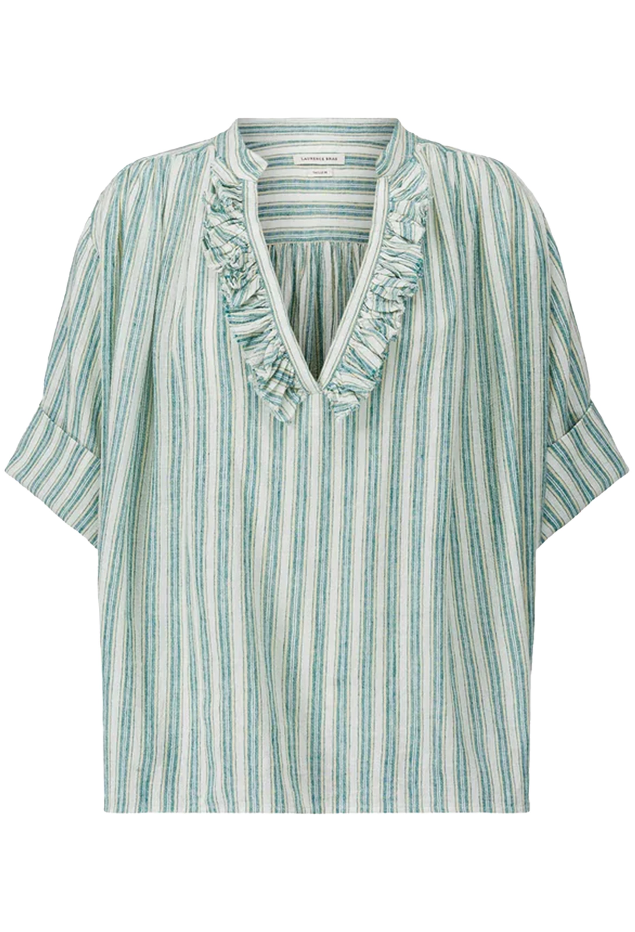 Striped blouse with ruffle details on a white background
