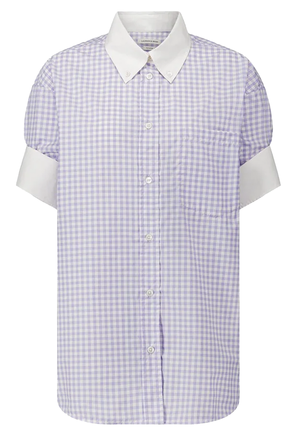 Short-sleeve shirt with purple and white checkered pattern on a white background