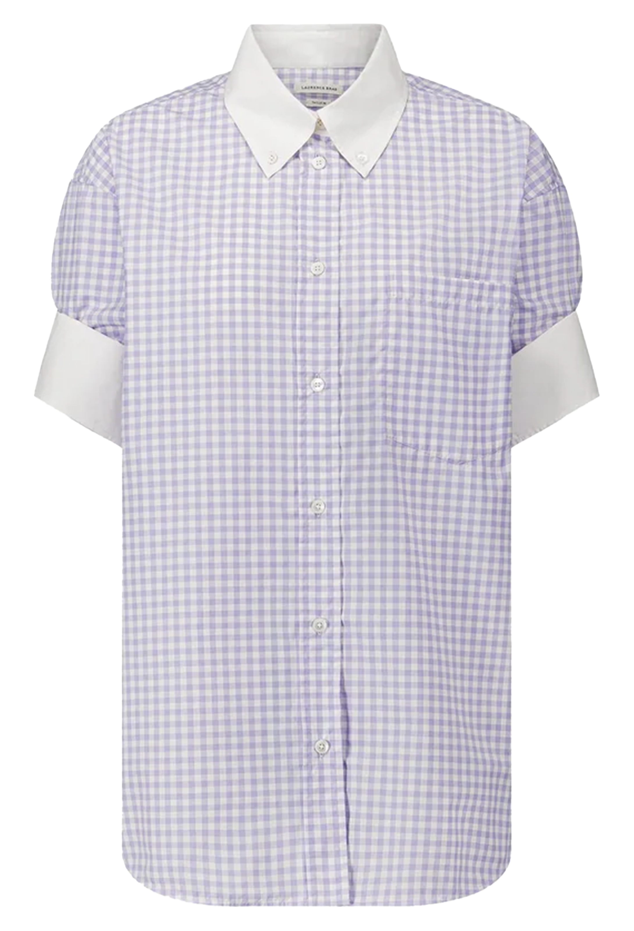 Short-sleeve shirt with purple and white checkered pattern on a white background