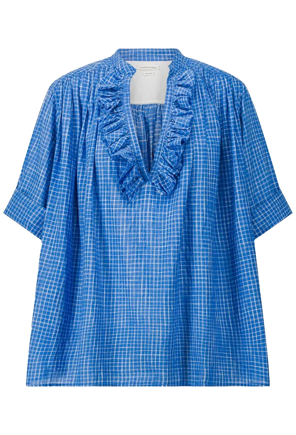 Blue checkered blouse with ruffled neckline on a white background