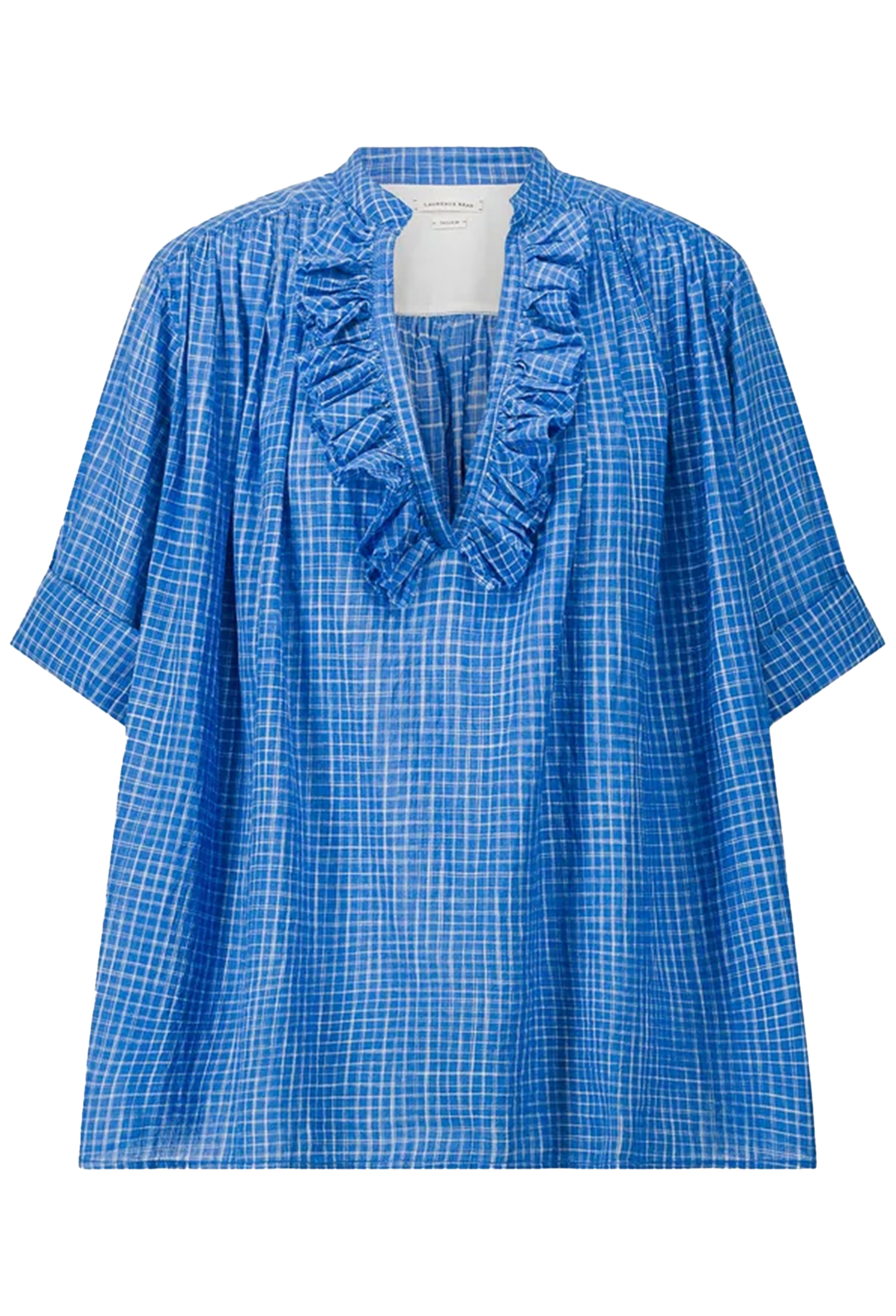 Blue checkered blouse with ruffled neckline on a white background