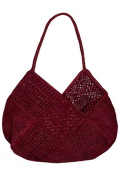 Maroon woven handbag on a white background