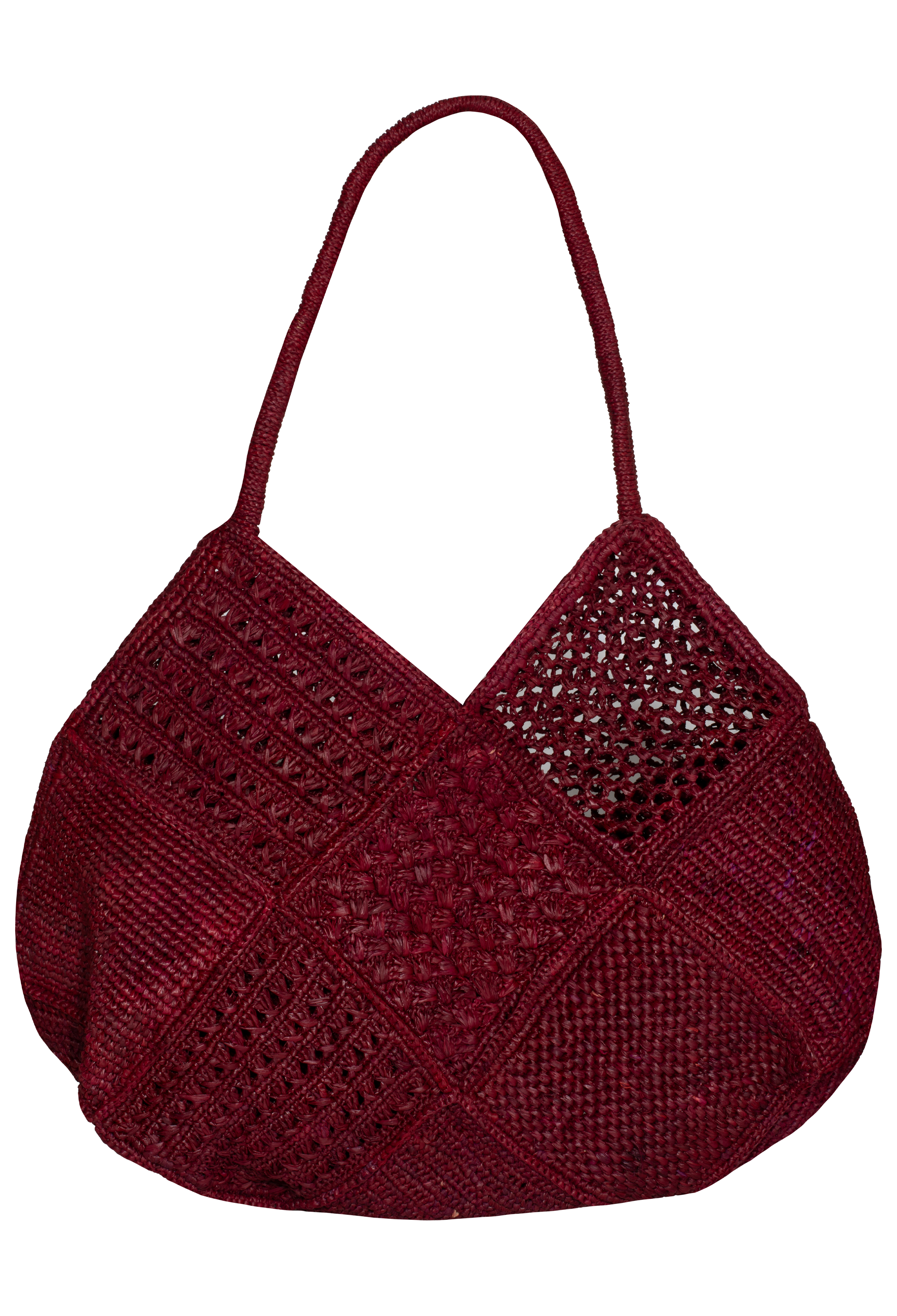 Maroon woven handbag on a white background