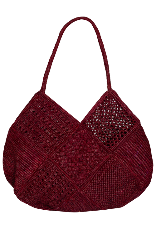 Maroon woven handbag on a white background