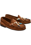 Pair of brown loafers with decorative elements on a white background