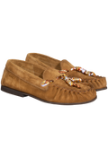 Pair of brown suede loafers with decorative elements on a white background