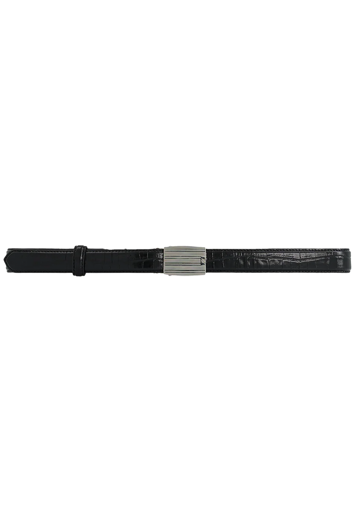 Black belt with a silver buckle on a white background