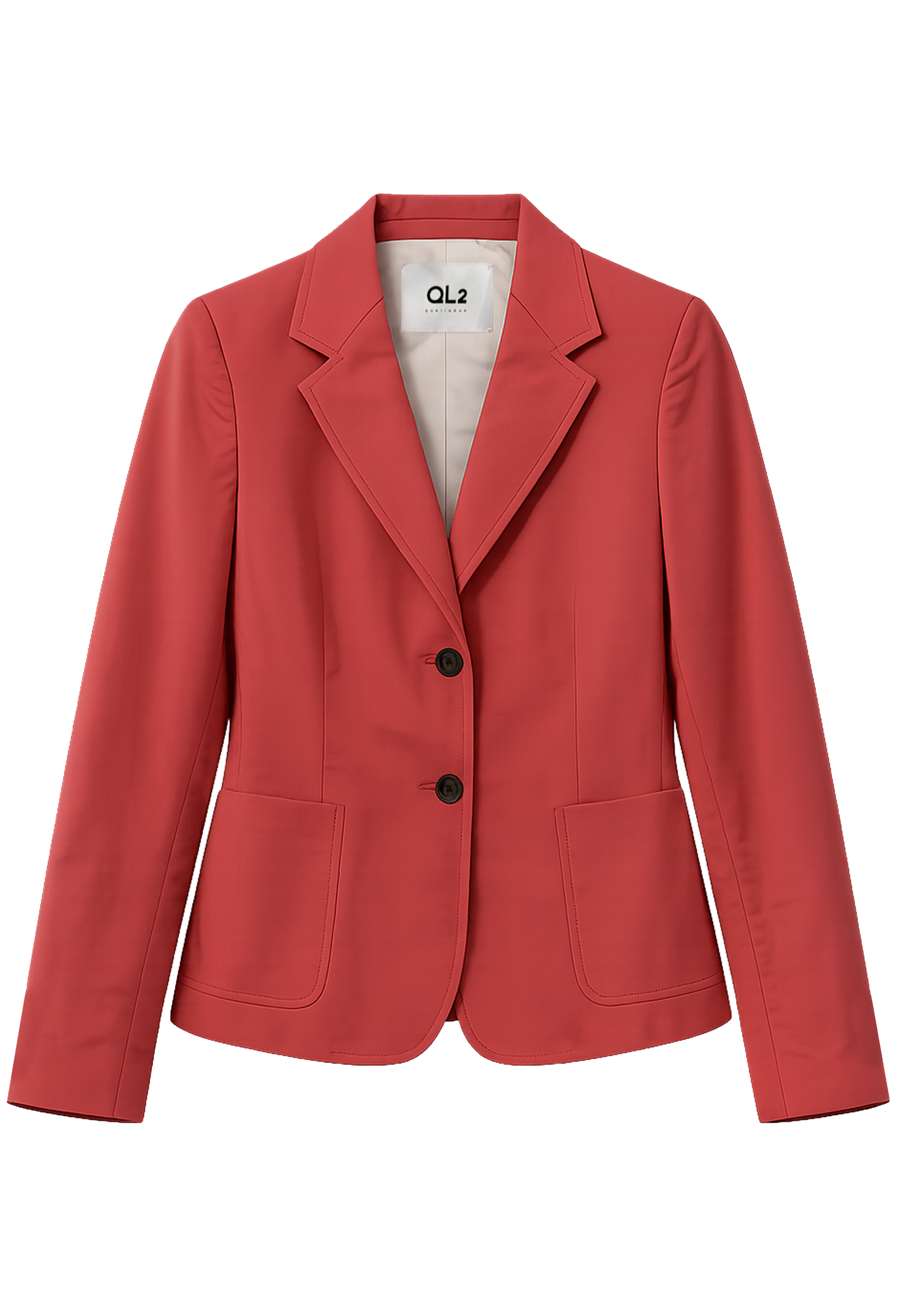 Red blazer with black buttons on a white background