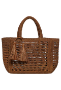 Brown woven handbag with tassels on a white background