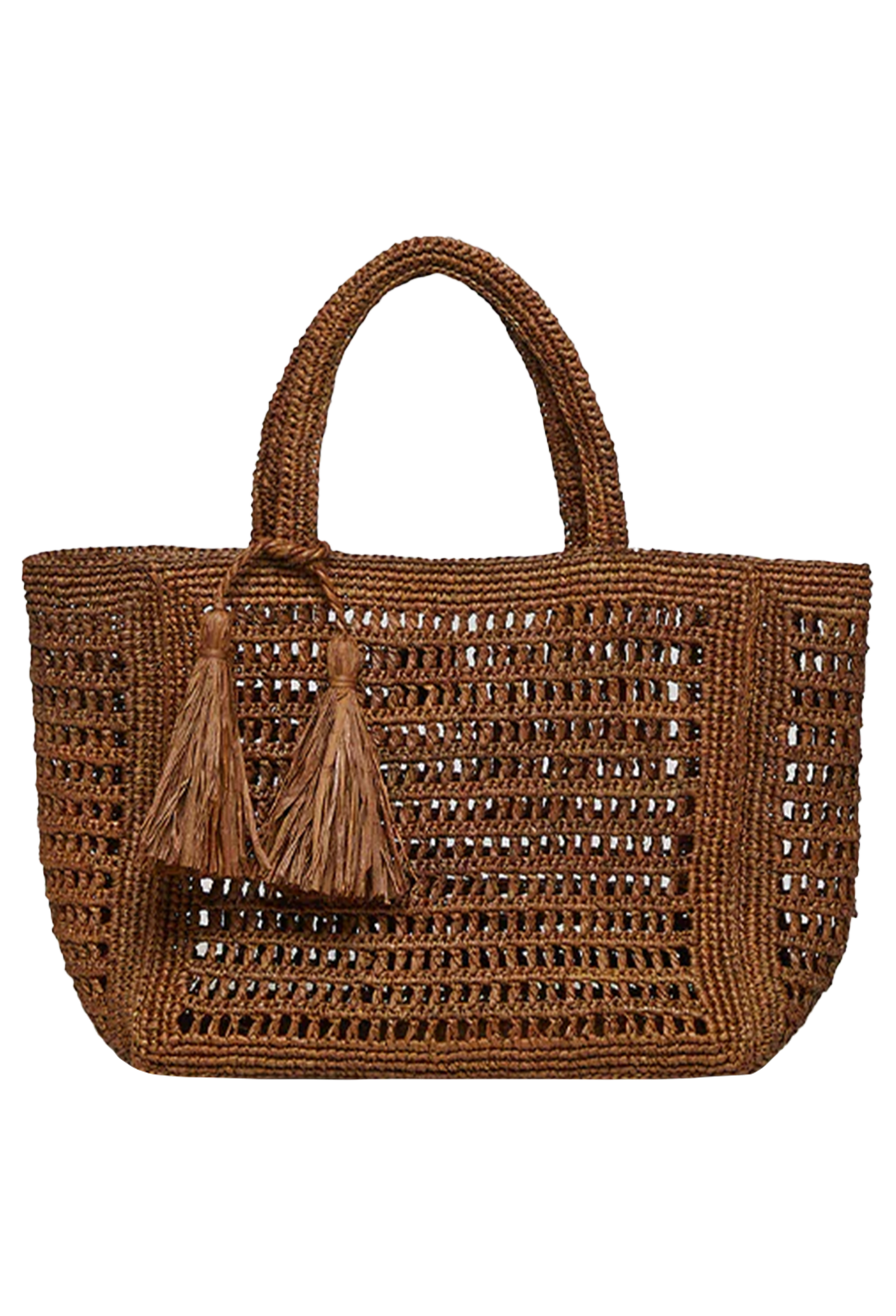 Brown woven handbag with tassels on a white background