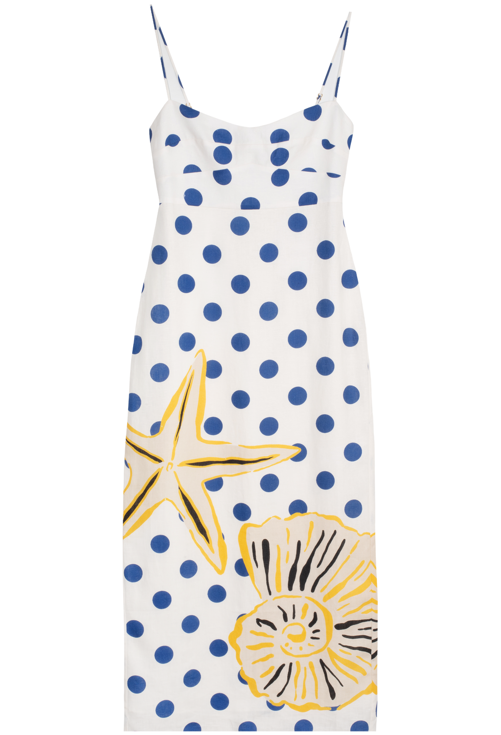 Dress with blue polka dots and yellow starfish and shell designs on a white background