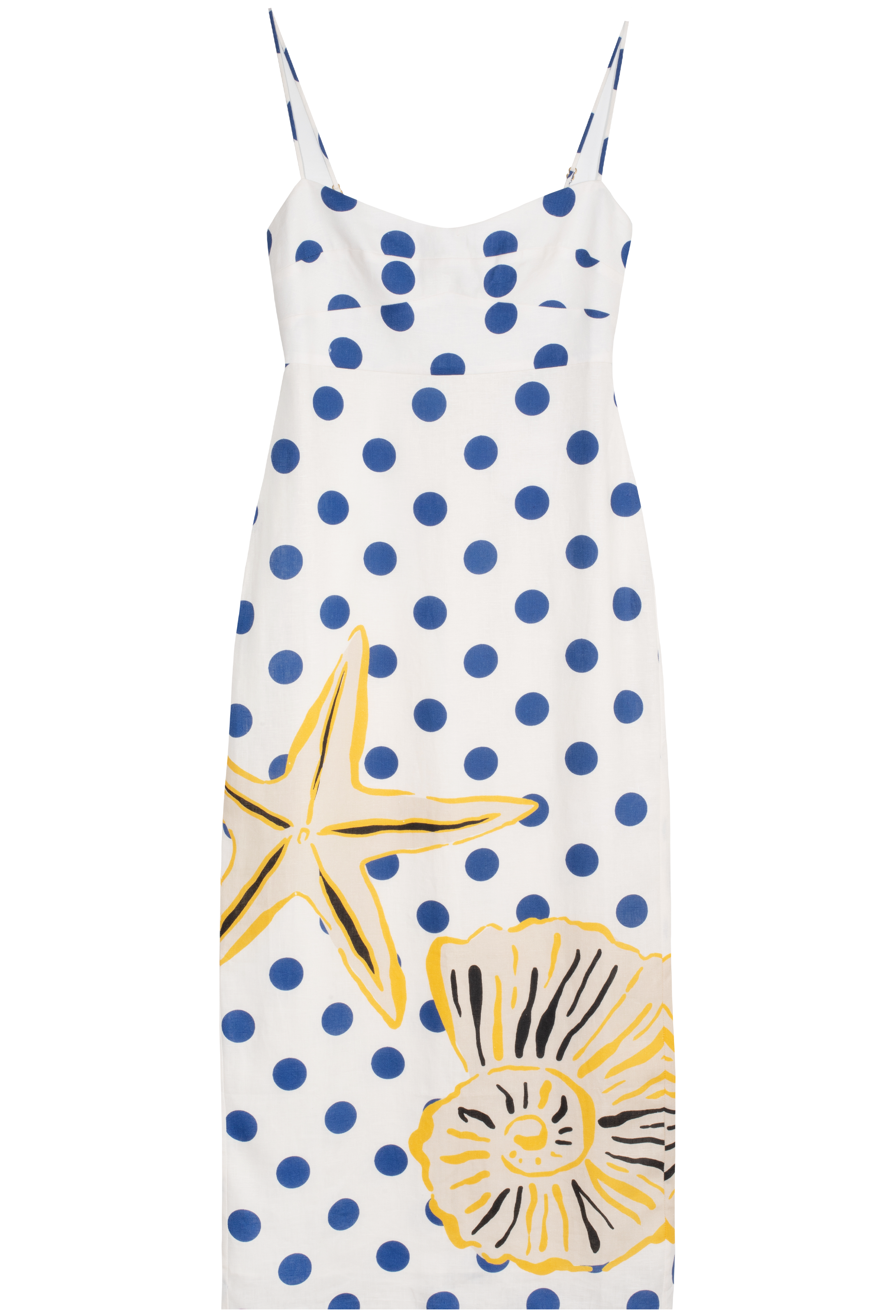 Dress with blue polka dots and yellow starfish and shell designs on a white background