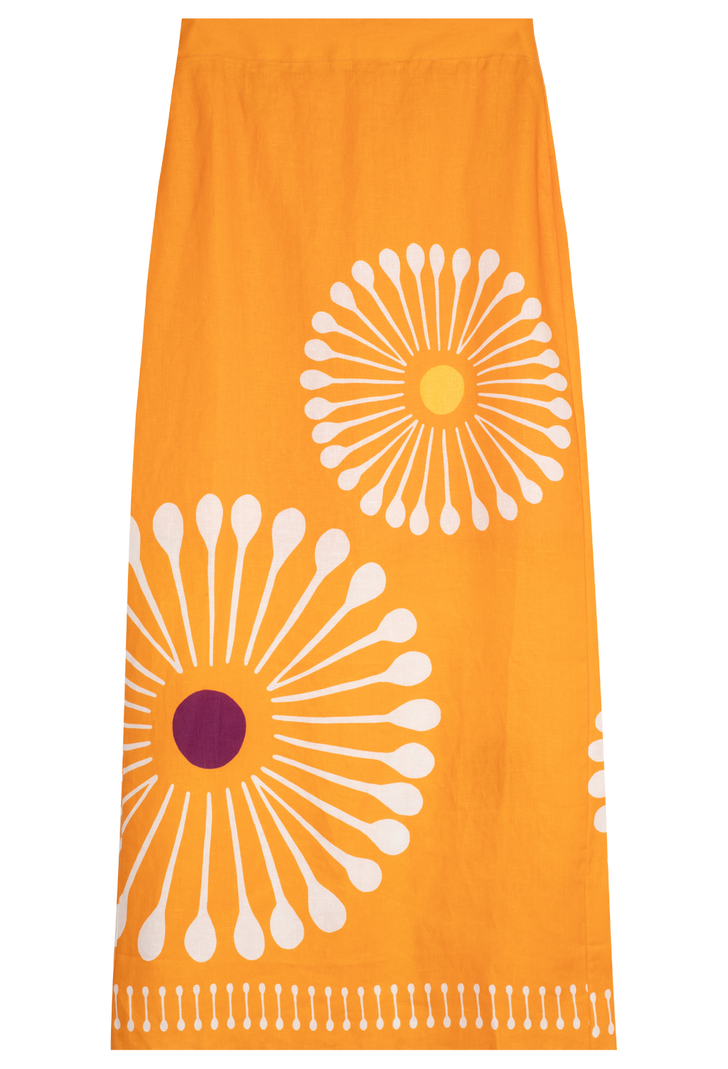 Orange skirt with white floral patterns on a white background