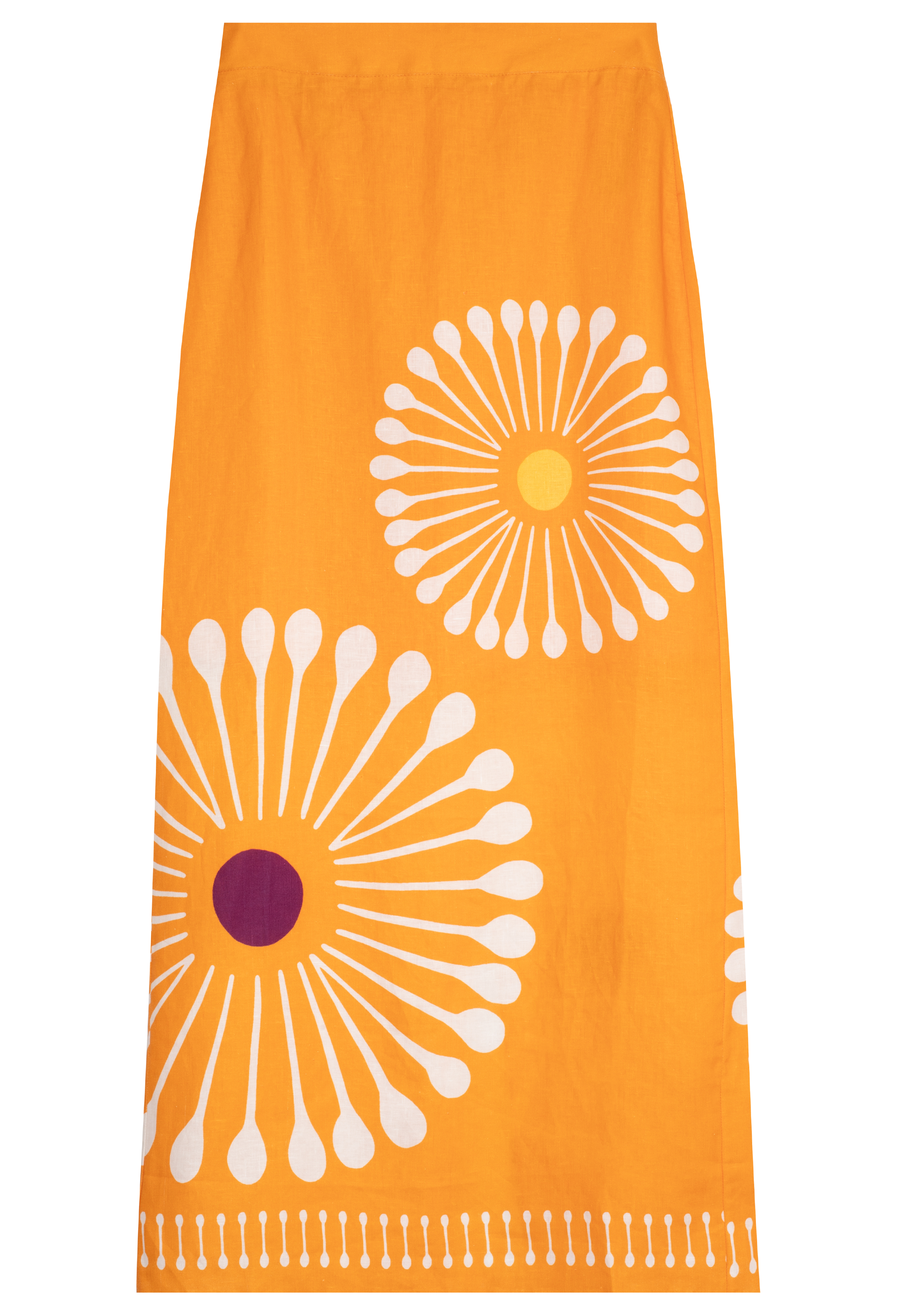 Orange skirt with white floral patterns on a white background