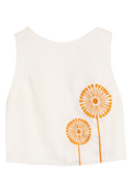 White tank top with orange designs on a white background