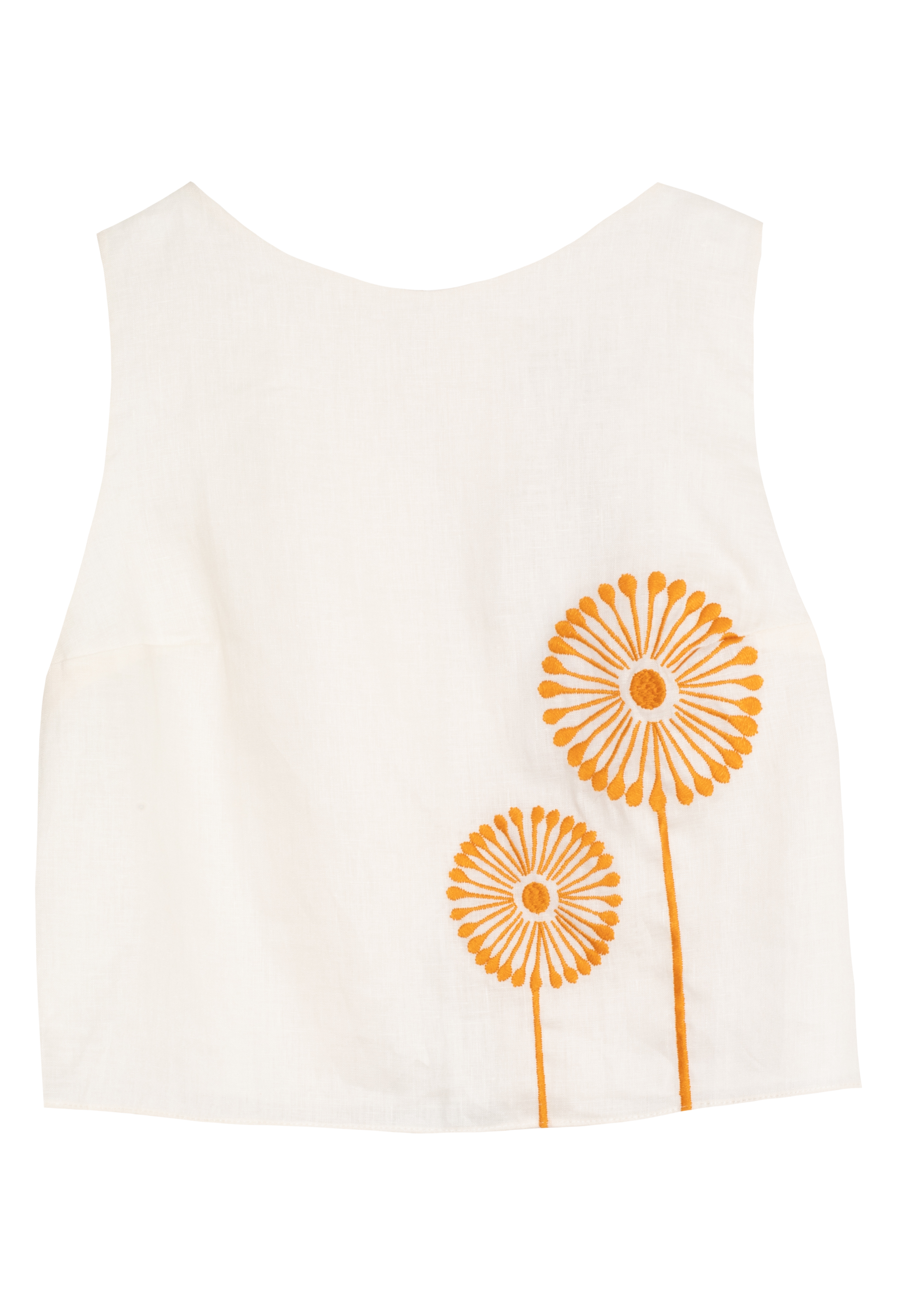 White tank top with orange designs on a white background