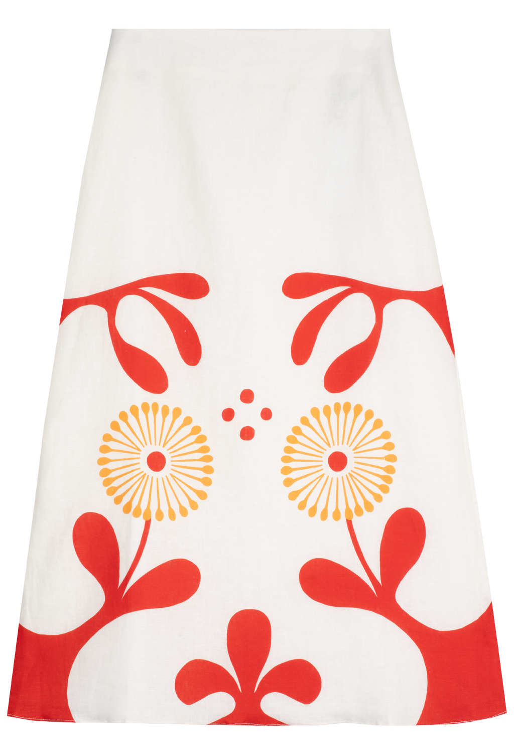 Skirt with red and yellow floral pattern on a white background