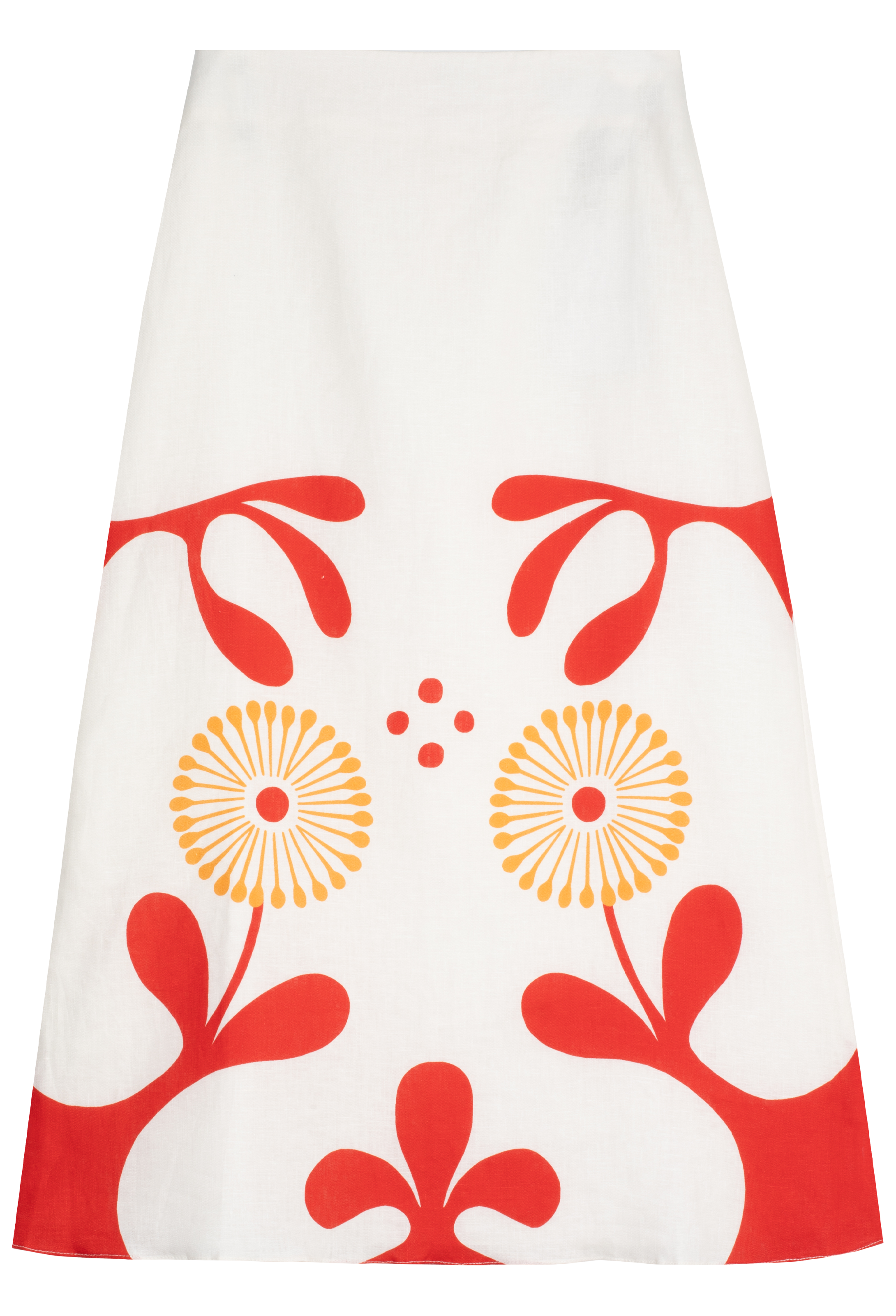 Skirt with red and yellow floral pattern on a white background